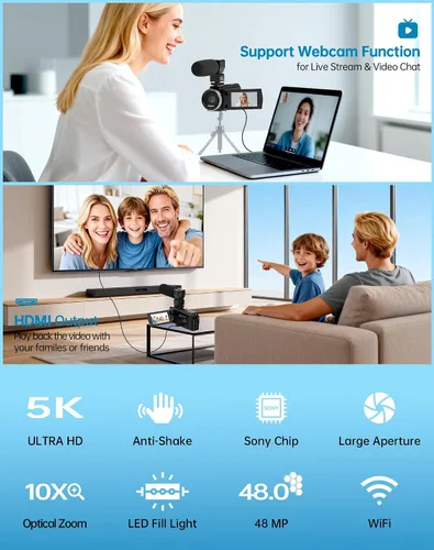 Miniatura 7 de Cámara de video 5K 48MP UHD WiFi Vlogging Cámara para YouTube, zoom óptico 10X 3.0 pulgadas, pantalla táctil IPS Cámara digital antivibración