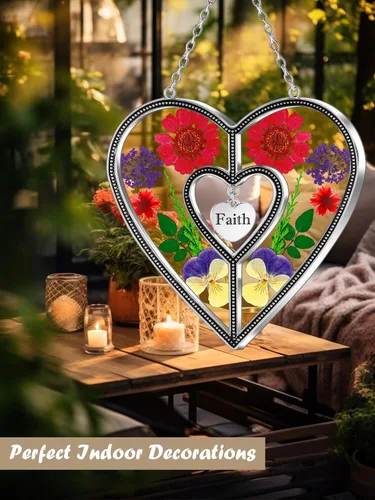 Miniatura 9 de Ky&Bosam - Atrapaluz de cristal, ventana en forma de corazón, con flor prensada, diseño de corazón/ "Mom", regalo para el Día de la Madre, Navidad