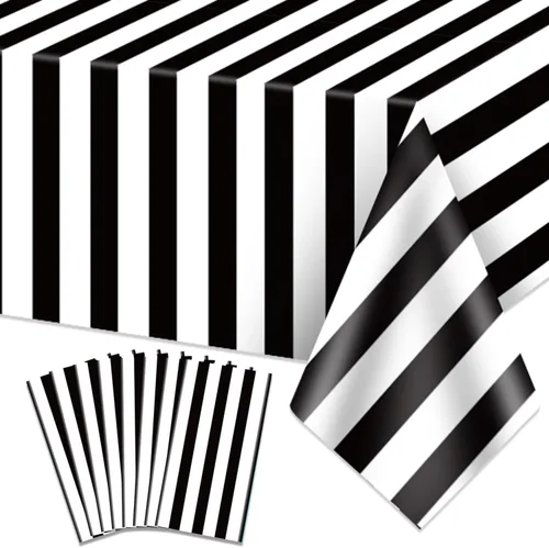 4 manteles de rayas blancas y negras, funda de mesa a rayas negras, decoración de mesa de plástico para vacaciones, cumpleaños, baby shower, picnic,