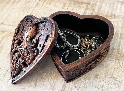 Miniatura 6 de Top Brass Steampunk - Joyero con forma de corazón de pulpo pequeño, decoración gótica ecléctica inusual (cobre rústico)