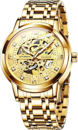 OLEVS Reloj mecánico automático de esqueleto dorado para hombre con cuerda automática vestido de lujo brillante acero inoxidable resistente al agua