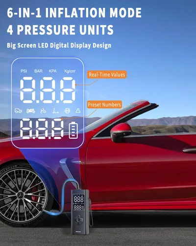 Miniatura 5 de Bomba de Aire para Neumáticos de Coche Compresor de Aire Portátil, Inflador de Neumáticos Inalámbrico de 150 PSI con Batería para Inflar/Cargar