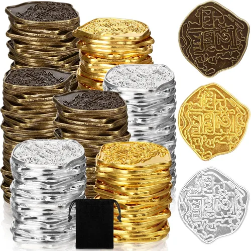 Miniatura 9 de Hanaive 100 Piezas Monedas de Pirata de Metal Cofre del Tesoro Doblón Español Monedas Falsas Fichas para Niños Juegos de Mesa Fiesta Pirata Cosplay