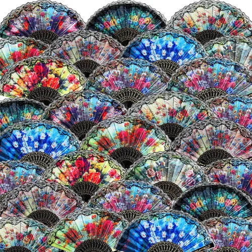 Miniatura 12 de Geetery 50 abanicos de mano plegables a granel para mujeres, abanicos plegables chinos decorativos de mano con diferentes patrones de flores