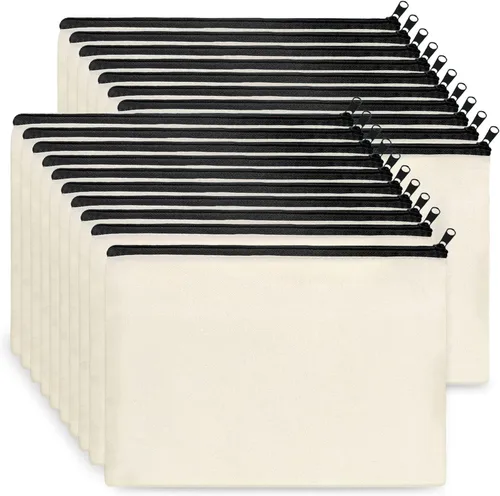 Miniatura 9 de Koolmox 20 bolsas de lona beige con cremallera negra, bolsa de artículos de tocador de lona de algodón, bolsas de cosméticos lisas a granel