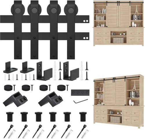 Miniatura 7 de ZEKOO - Kit de herrajes para puerta corrediza estilo granero de 7 pies, tamaño súper mini, para puertas de armario doble, kit de pista de herrajes