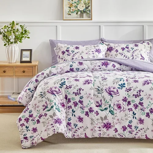 Miniatura 12 de AIKASY Juego de edredón individual rosa y morado claro con sábanas, cama en una bolsa, 6 piezas, diseño de impresión de ramas y flores, juego