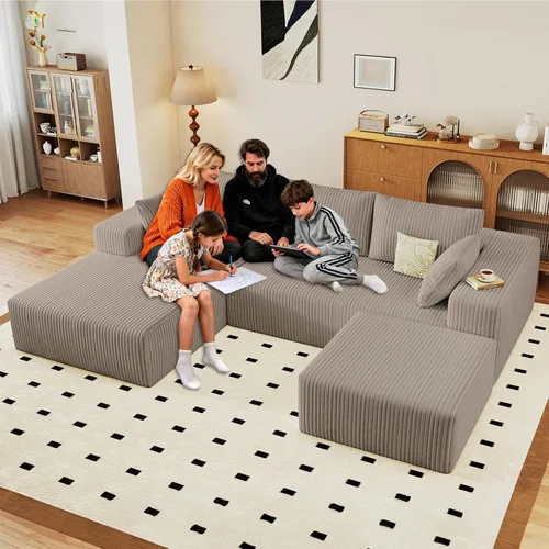Miniatura 13 de Sofá modular Cloud de 95 pulgadas con otomana, moderno sofá nube en forma de U con asiento profundo, cómodo sofá de pana de 3 plazas, sofá de espuma