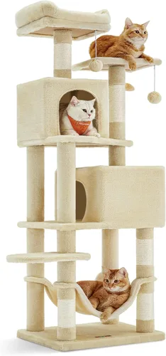 Feandrea - Árbol para gatos de varios niveles para interiores, torre para gatos tipo condominio con 4 postes para rascar, 2 posaderos, hamaca y Beige