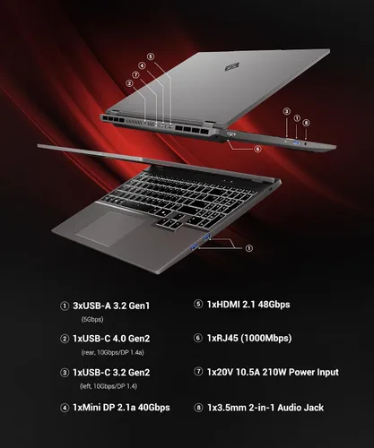 Miniatura 9 de Laptop para juegos RTX 5060, 2560x1600 16 pulgadas, 240Hz 2.5K QHD+, procesador AMD Ryzen 7 H 255 (8C/16T, 4.9GHz), 8GB GDDR7 VRAM, 16GB DDR5 512GB