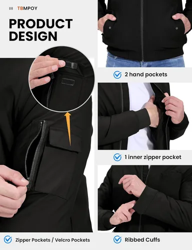 Miniatura 5 de TBMPOY - Chaqueta de hombre para el otoño, chaqueta de invierno, rompevientos, bomber, con cremallera, acolchada, de softshell, cálida