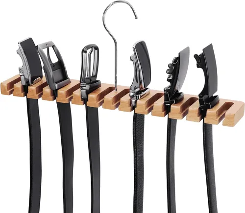 Miniatura 5 de Cinturón de madera maciza y estante para corbatas, 14 ranuras, color beige