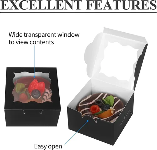Miniatura 3 de KPOSIYA 60 cajas de panadería negras con ventana, cajas individuales de 4 x 4 x 2.5 pulgadas, caja de regalo de papel kraft negro para pasteles