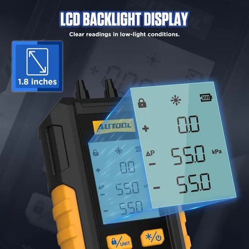 Miniatura 6 de AUTOOL Probador de Presión de Gas Manómetro, Manómetro Digital HVAC, Medidor de Presión de 6 Unidades Diferencial de Doble Puerto -101 a 200Kpa