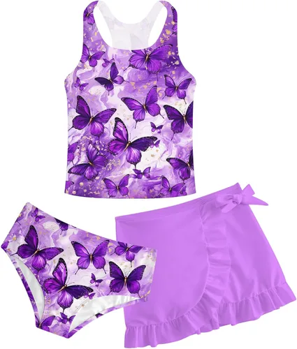 Miniatura 60 de Traje de baño tankini de 3 piezas para niñas, lindo bikini con salida de baño con falda de playa de 5 a 16 años