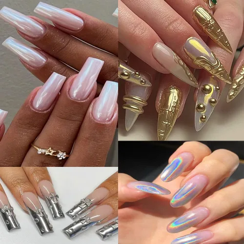 Miniatura 5 de Kit de polvo de uñas cromado con dijes de perlas de parte trasera plana, brillo de uñas cromado plateado, polvo de uñas cromado dorado para diseño