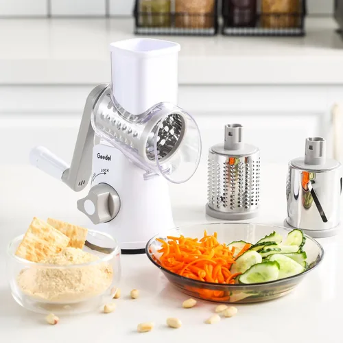 Miniatura 7 de Rallador de queso giratorio Geedel, rallador de mandolina de cocina para vegetales con 3 cuchillas intercambiables, rallador giratorio fácil