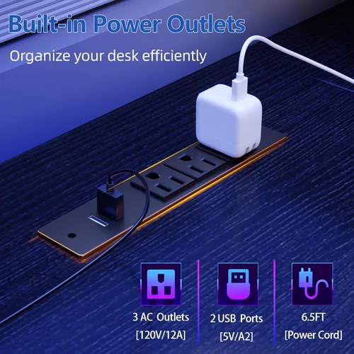 Miniatura 5 de Furologee Escritorio para juegos de 51 pulgadas con tomas de corriente y luces LED, escritorio reversible para computadora con archivador y soporte