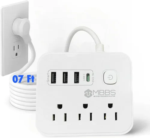 Miniatura 11 de Regleta protectora contra sobretensiones con USB C, protección 1200J, cable de extensión resistente, (7 en 1), 3 salidas de CA, 4 puertos USB, Blanco