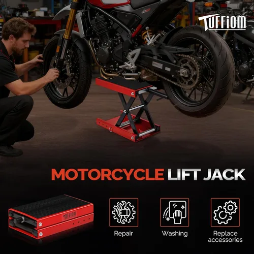 Miniatura 7 de TUFFIOM 1100LBS Gato de elevación de tijera para motocicleta, altura ajustable con superficie superior de goma y pin de seguridad, soporte central