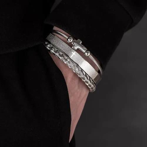 Miniatura 5 de Juego de pulseras de acero inoxidable Hip Hop para hombre joyería de cruz con dije abierto talla de la Escritura española JX5EU cruz plateada juego A
