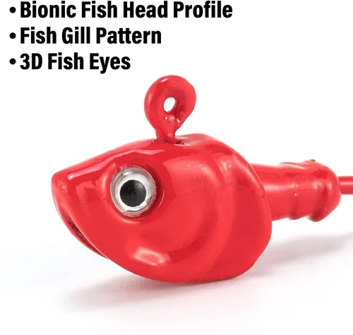 Miniatura 3 de Dr.Fish Paquete de 10 Cabezas de Jig para Swimbait, Cabezas de Jig de Pesca en Agua Salada Ojos 3D Anzuelos de Acero de Alto Carbono Señuelos de Rojo