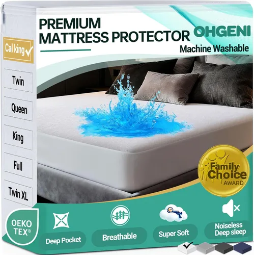 Miniatura 26 de OhGeni Protector de colchón 100% impermeable, tamaño Queen Beige, sábana bajera con bolsillos profundos, 6''-18'', material suave transpirable sin