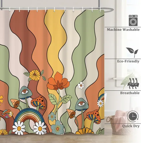Miniatura 6 de Renaiss Juego de cortinas de ducha de 60 x 72 pulgadas, diseño de hongos bohemios, retro de los años 70, flores naranjas florales, divertidas