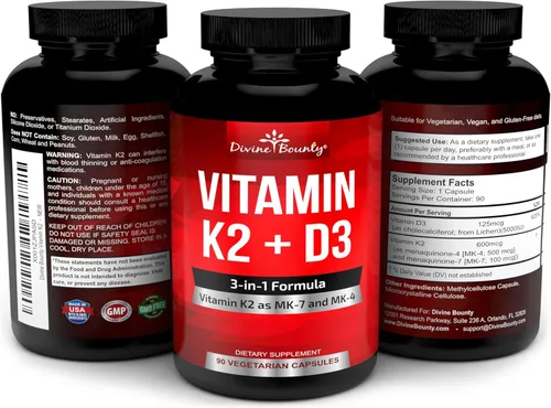 Miniatura 4 de Divine Bounty Vitamina K2 (MK7 y MK4) con suplemento D3 – Vitamina K y D como MK-7 100mcg, MK-4 500mcg y 5000 UI de vitamina D3 3 en 1 fórmula
