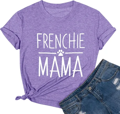 Miniatura 15 de Camiseta de manga corta con texto en inglés «Frenchie Mama», con estampado de letras para mujer, estilo casual