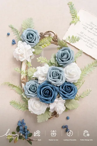 Miniatura 4 de Ling's moment Caja de flores falsas, tallos de vegetación artificial falsa, rosas de espuma, flor de seda Gardenia para centros de mesa, ramo, Azul
