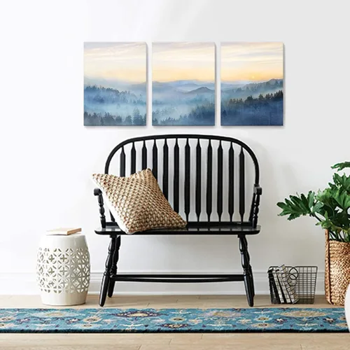 Miniatura 3 de Decoración de pared para dormitorio, 3 paneles, estampado de bosque brumoso con salida del sol, arte de pared para sala de estar, baño, lienzo