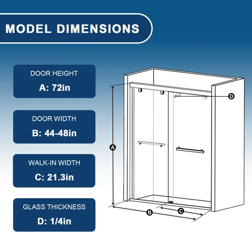 Miniatura 2 de Puerta de ducha de 44-48" de ancho x 72" de alto, puerta de ducha de vidrio deslizante semi-sin marco, vidrio templado SGCC de 1/4" (6mm) puerta