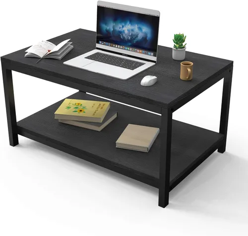 Miniatura 4 de YSSOA Mesa para el hogar de 31 x 20 x 16 pulgadas con estante de almacenamiento para sala de estar y oficina, fácil montaje, negro, 2 niveles