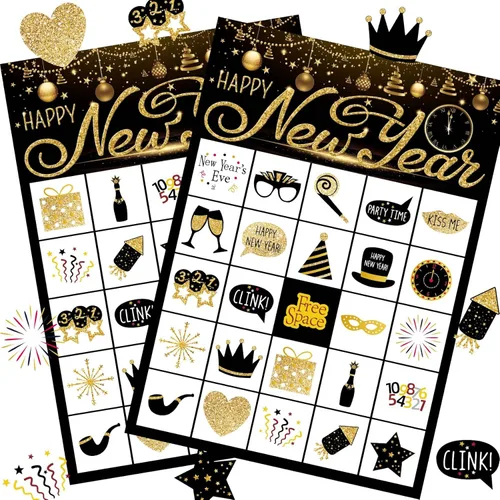 Funnlot Juegos de Nochevieja para 24 Jugadores Bingo de Nochevieja Juegos de Año Nuevo para Niños Tarjetas de Juego de Bingo de Año Nuevo para la