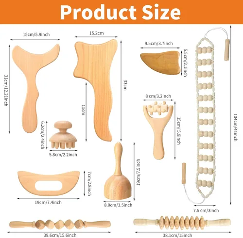 Miniatura 2 de Chumia 10 piezas de herramientas de masaje de madera, kit de maderoterapia de madera, herramientas de terapia, rodillo de masaje, drenaje linfático