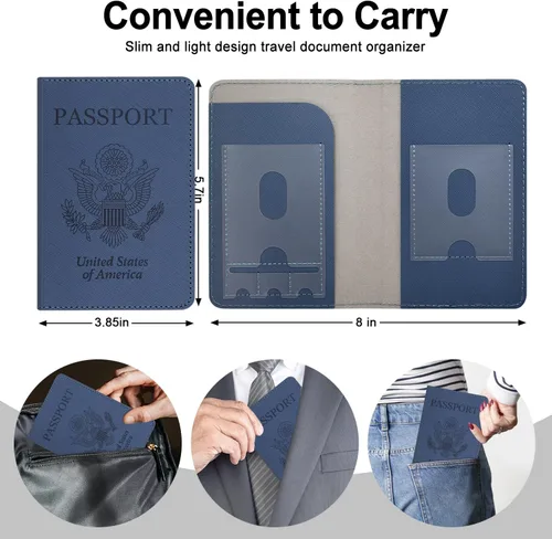 Miniatura 4 de RSAquar Soporte para pasaporte para mujeres y hombres, de piel sintética de alta calidad, cartera de pasaporte de viaje, con bloqueo RFID, cubierta