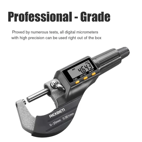 Miniatura 5 de REXBETI Micrómetro digital, herramientas de medición profesionales en pulgadas/métricas de 0.00005"/0.001 mm, calibre de grosor de resolución, funda