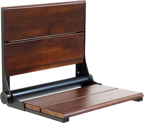 Asiento de ducha de nogal, madera de contorno, banco plegable de montaje en pared para ducha interior, ADA Safety Aid, acero inoxidable 304, negro
