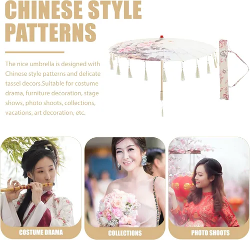 Miniatura 2 de Homoyoyo Sombrilla de tela con patrón de flores, sombrilla de tela de seda japonesa china con bolsa de borlas, kimono Hanfu, suministros de disfraz