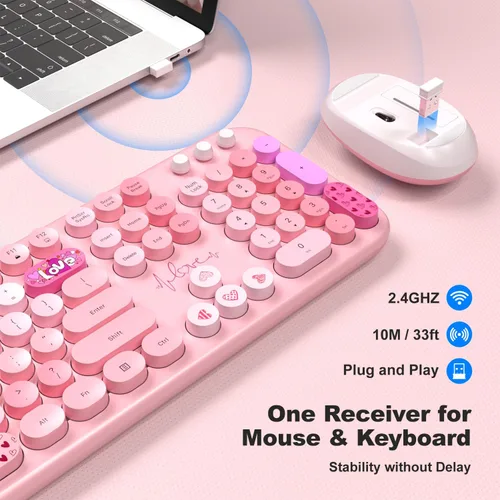 Miniatura 24 de KNOWSQT Combo de teclado y ratón inalámbrico, teclados lindos de tamaño completo estilo máquina de escribir 2.4G azul colorido - receptor USB Plug