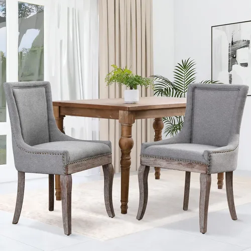 Miniatura 8 de Juego de 2 sillas de comedor, sillas tapizadas de cocina y comedor, sillas de tela gruesa con patas de madera maciza de tonos neutros, cabeza