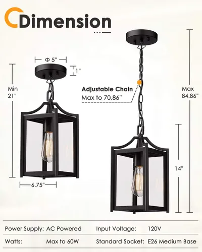 Miniatura 6 de Lámpara Colgante para Exteriores, 14" Luz Colgante Moderna Grande para Porche con Cadena Ajustable, Linterna Colgante Exterior Negra con Vidrio