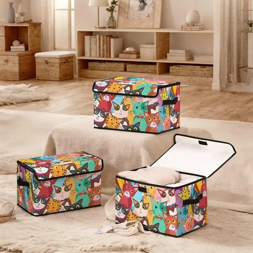 Miniatura 7 de Contenedores de almacenamiento apilables para ropa con tapas, organizadores de clóset con estampado de gatos de tela para el hogar y la oficina