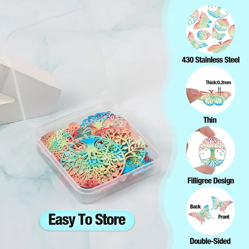 Miniatura 125 de FASHEWELRY 16 dijes de plumas de arco iris de acero inoxidable con alas de filigrana, adornos de metal de 4 colores para hacer joyas, pulseras