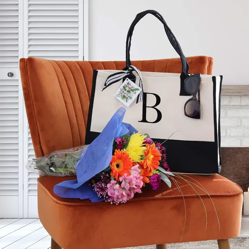 Miniatura 4 de Personalized Gift Monogram Initial 100% Cotton Two Tone Chic Tote Bag with Customize Option - Black