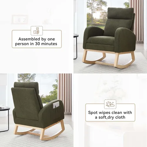 Miniatura 6 de Mecedora de lactancia de 40 pulgadas, sillas de guardería con reposapiés ajustable, respaldo alto, sillón tapizado con bolsillos laterales, mecedora