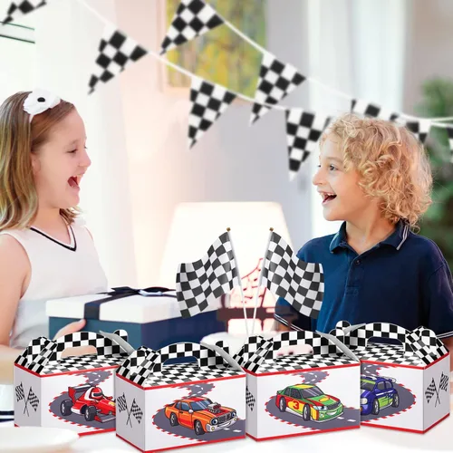 Miniatura 2 de 24 cajas de regalo de fiesta de autos de carreras con asa de bandera de carreras, cajas de golosinas para regalos de caramelos, ruedas a cuadros