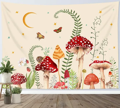 Miniatura 45 de LB Tapiz de hongos para colgar en la pared, luna y estrella en beige, tapiz de pared para dormitorio, estética de planta verde, arte de pared