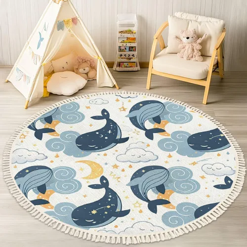Miniatura 9 de ABC - Alfombra redonda con tema oceánico de ballena, para niños, niñas, dormitorio, cuarto de bebé, sala de juegos, 4 pies, lino y algodón, lavable